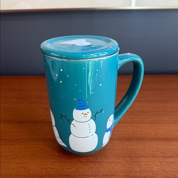 Teal David’s tea winter Snowman Mug with Lid - Picture 1 of 7